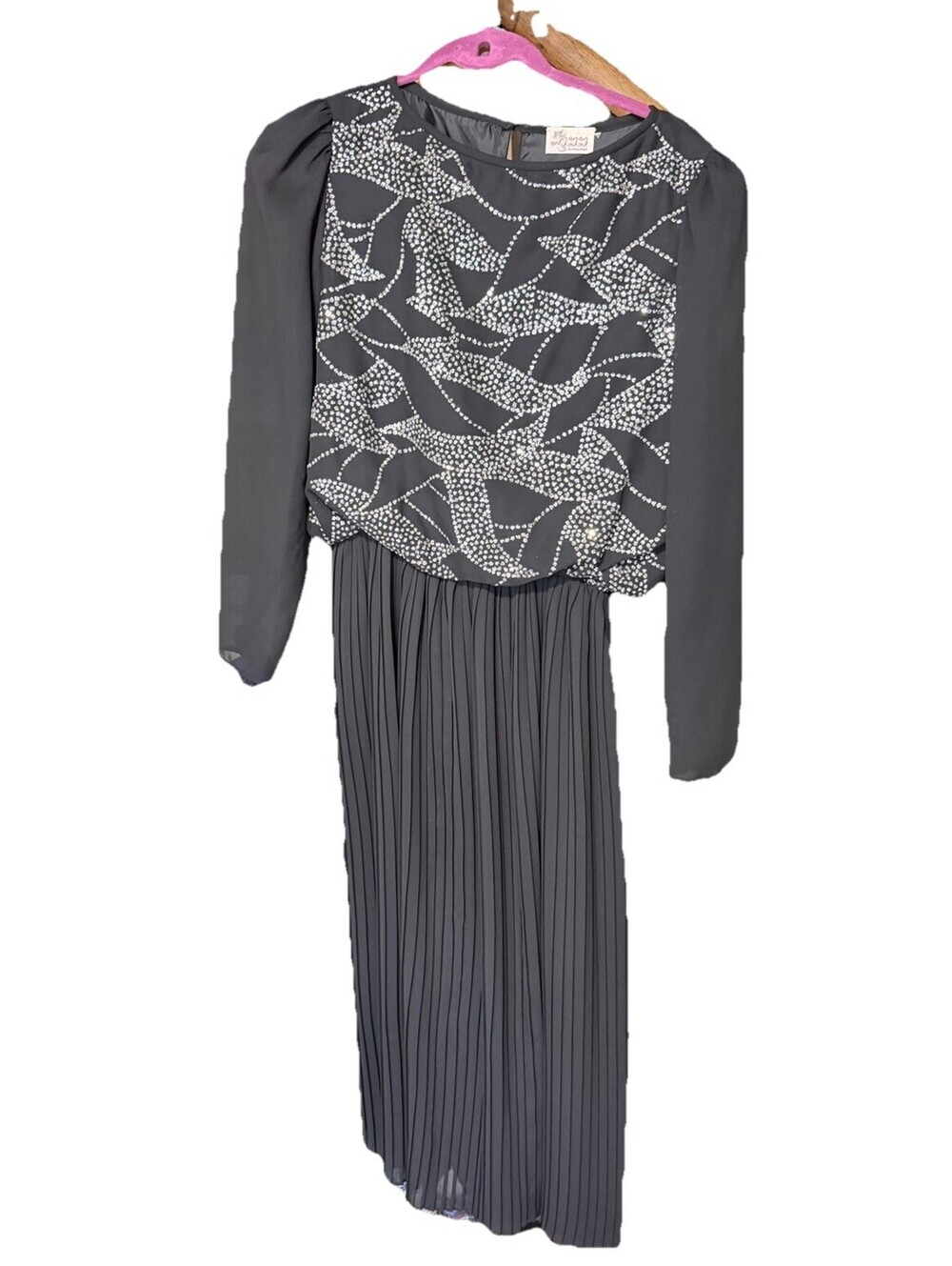 Vintage Black Chiffon Evening Dress 80’s 90’s Rhinestone Overlay Small